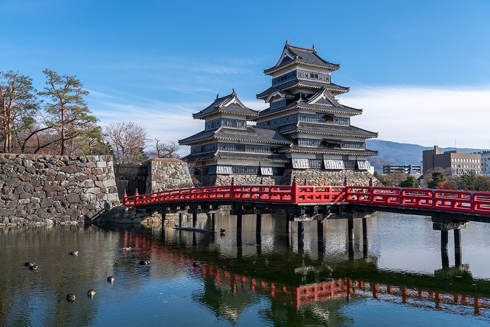 The Matsumoto Castle as seen from the bridge with the city buildings in the background-Japan art print by Sheila Haddad for $57.95 CAD